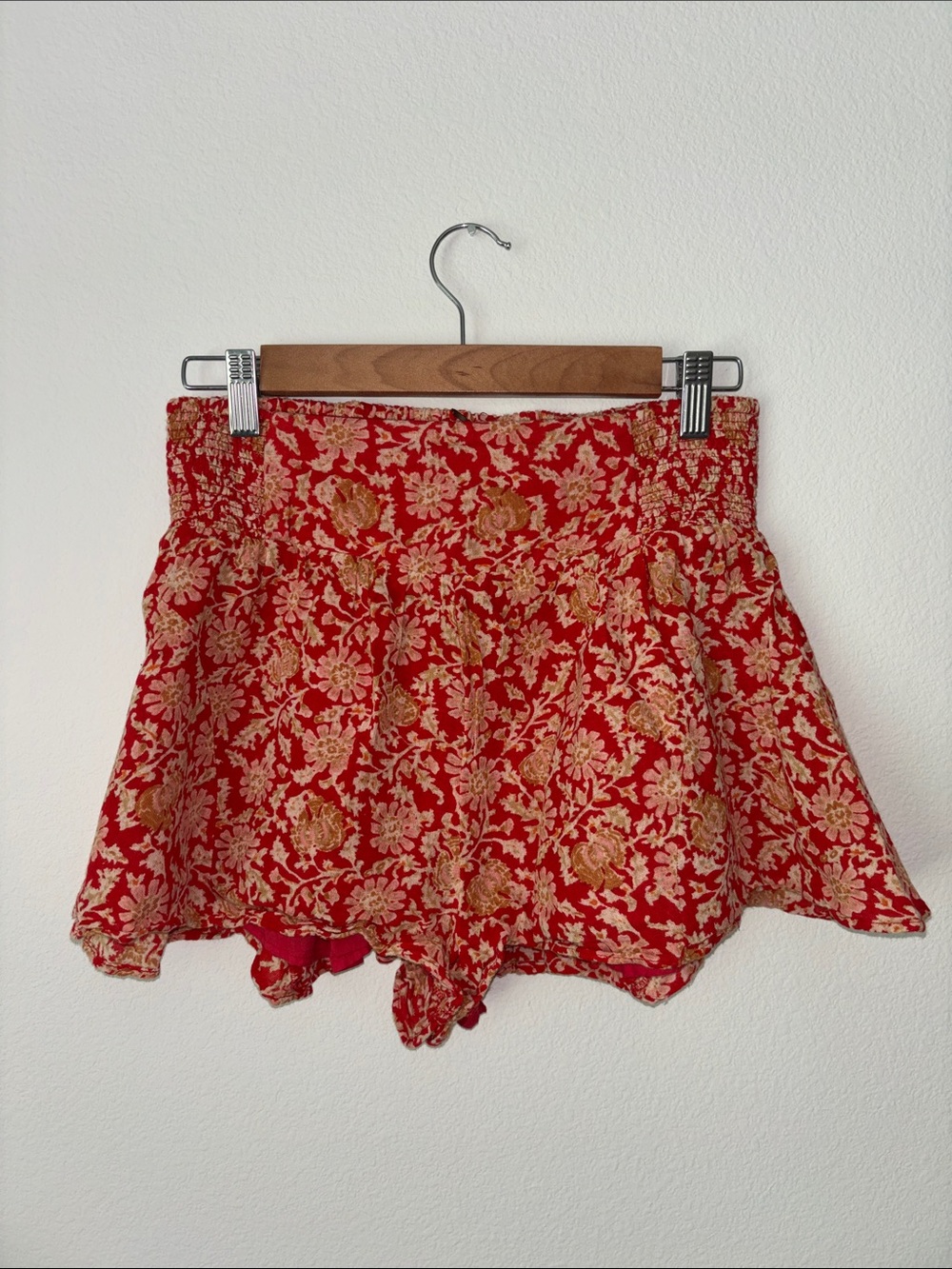 Free People Red Floral Smocked Skater Shorts